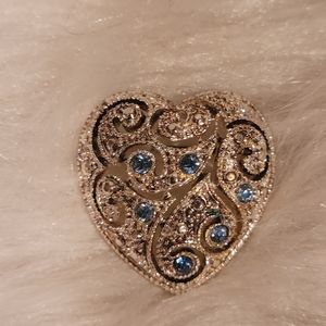 Vintage Heart Shape Raised Dome Brooch Pin With Blue Rhinestones